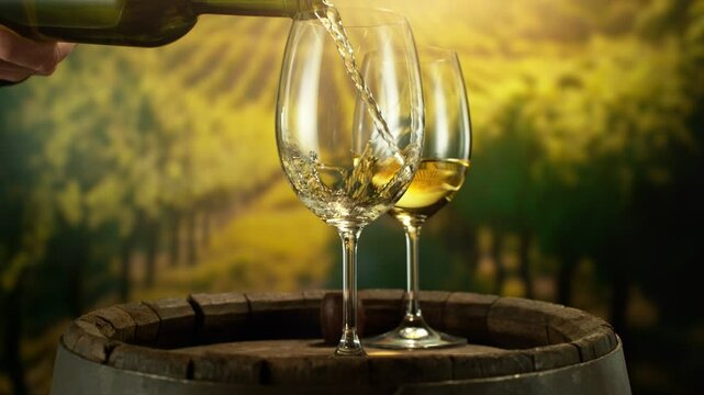 Super Slow Motion of Pouring White Wine into Glass. Filmed on High Speed Cinema Camera, 1000 fps. Vineyard on Background. Camera in Motion, Zooming Effect.
