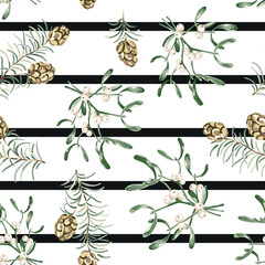 Christmas seamless pattern, pine twigs, cones, mistletoe, striped background. Vector illustration. Nature design. Season greeting. Winter holidays
