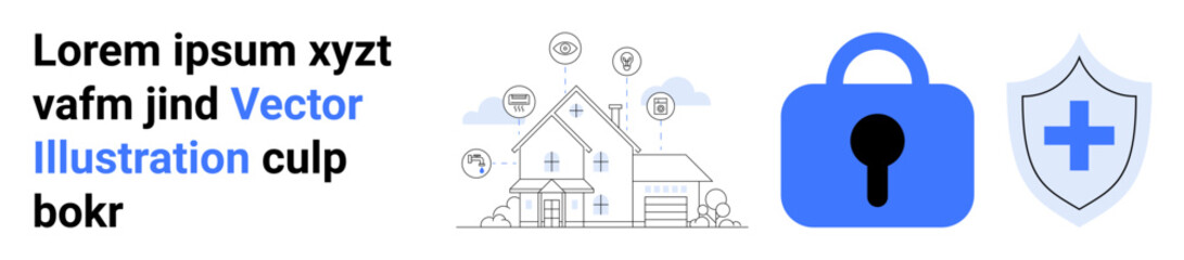 Lock and shield symbols next to a house with technology icons. Ideal for security, technology, protection, smart home, and cybersecurity themes. Banner for landing page