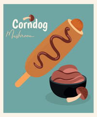 Flat Design Illustration with Corndog at Mushroom Sauce
