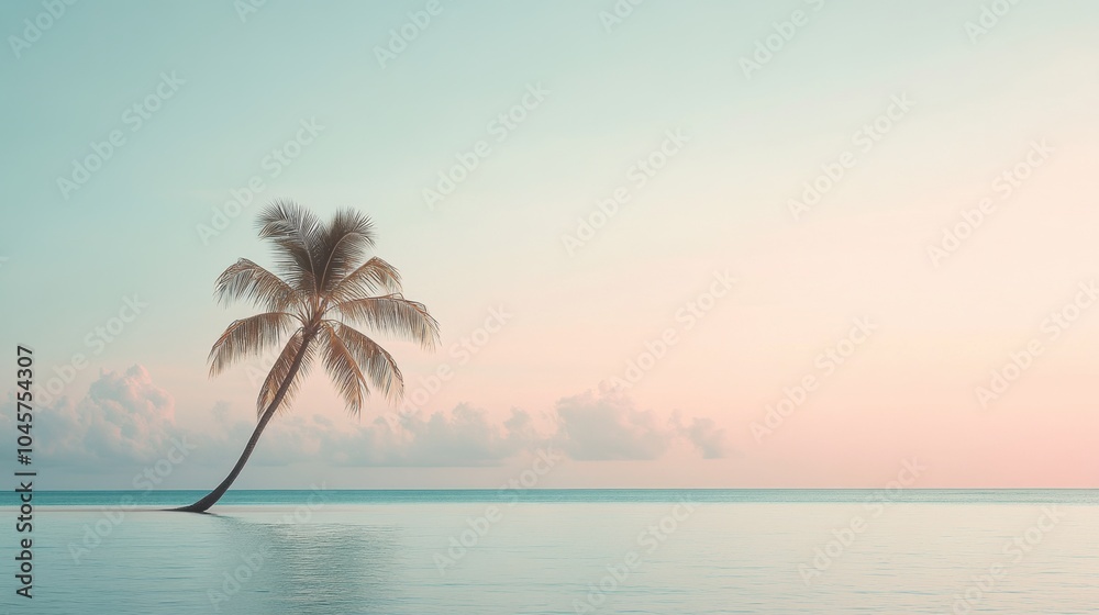 Poster a serene tropical island showcases a single palm tree at dusk, with pastel skies and still waters cr