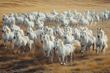 Obraz premium A large group of white horses runs energetically through sunlit golden grasslands, creating a dynamic and captivating sight in the open field