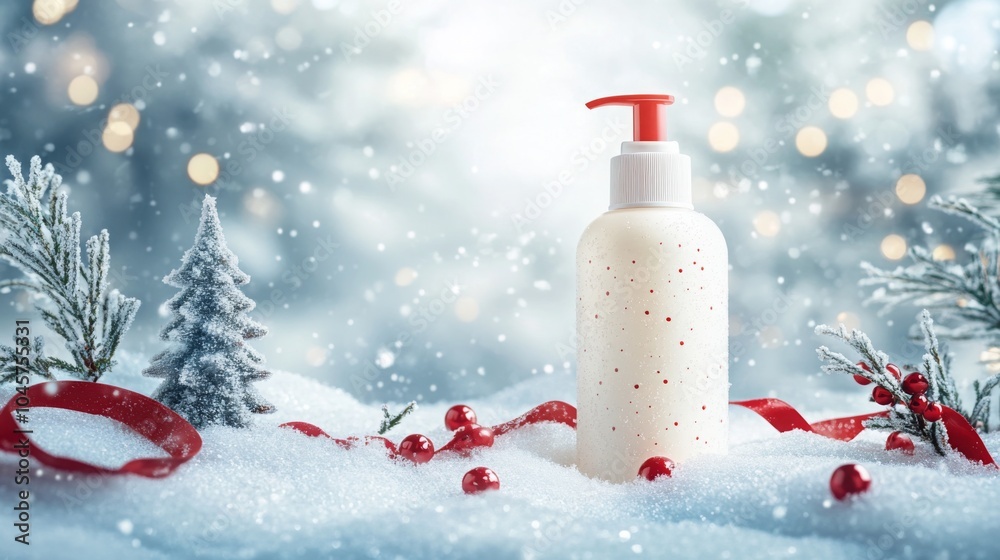 Poster A white bottle of lotion sits in the snow. The background is blurred and shows a snowy scene with pine branches, red berries, and red ribbon.