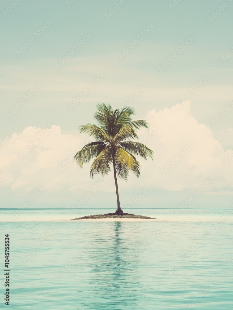 Poster this tropical island showcases a lone palm tree surrounded by calm blue waters and a gentle sky, cre