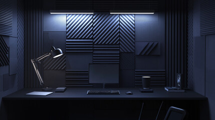 Obraz premium Professional podcast studio with modern acoustic panels on a dark gray wall. A stylish microphone sits on a minimalist desk with a laptop and potted plant. Warm lighting creates a focused