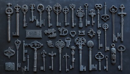 Fototapeta premium Collection of vintage medieval gothic keys displayed on a dark background