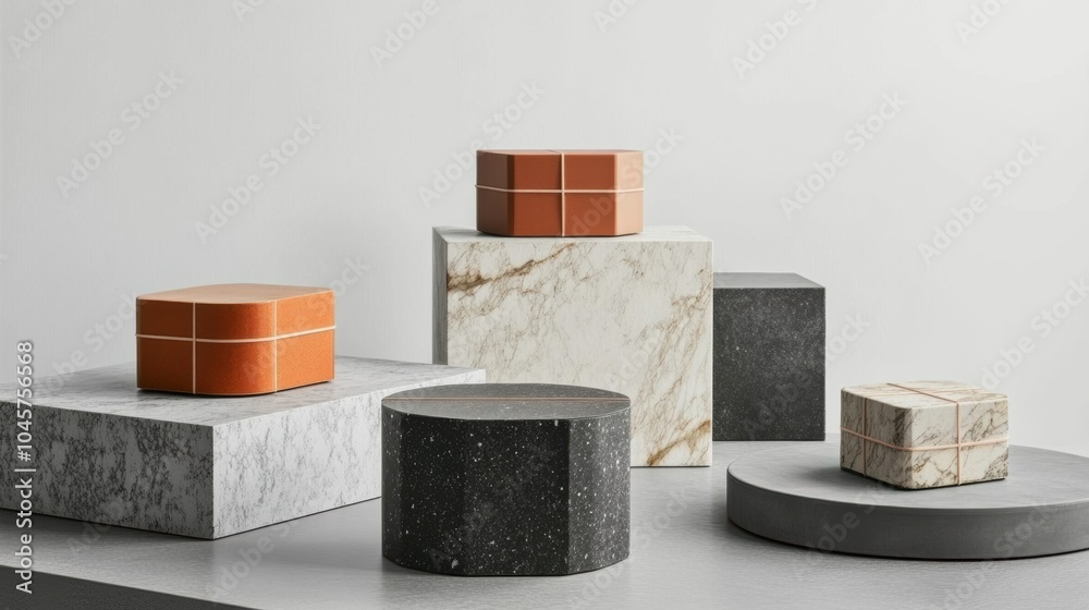 Aufkleber gift boxes in geometric shapes are elegantly displayed on various platforms, showcasing a contempora