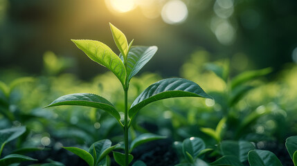 Obraz premium Fresh tea leaves on the bushes at dawn