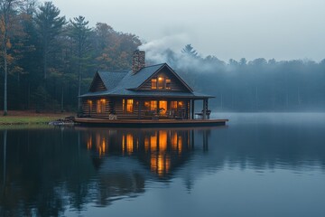 Fototapeta premium A serene wooden cabin by a misty lake, glowing warmly in the early morning light.
