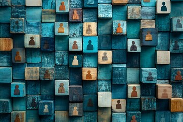 Blue Wooden Blocks with People Icons - Social Structure and Unity