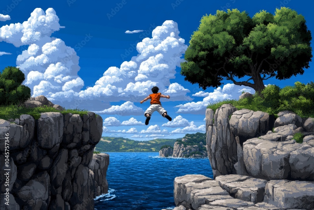 Poster pixel art of a character jumping over obstacles in a retro game world, with bright, pixelated detail