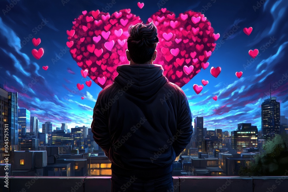 Poster Pixel art of a character looking at their reflection in a pixelated world, with pixelated hearts floating above, symbolizing the power of self-love in a retro style