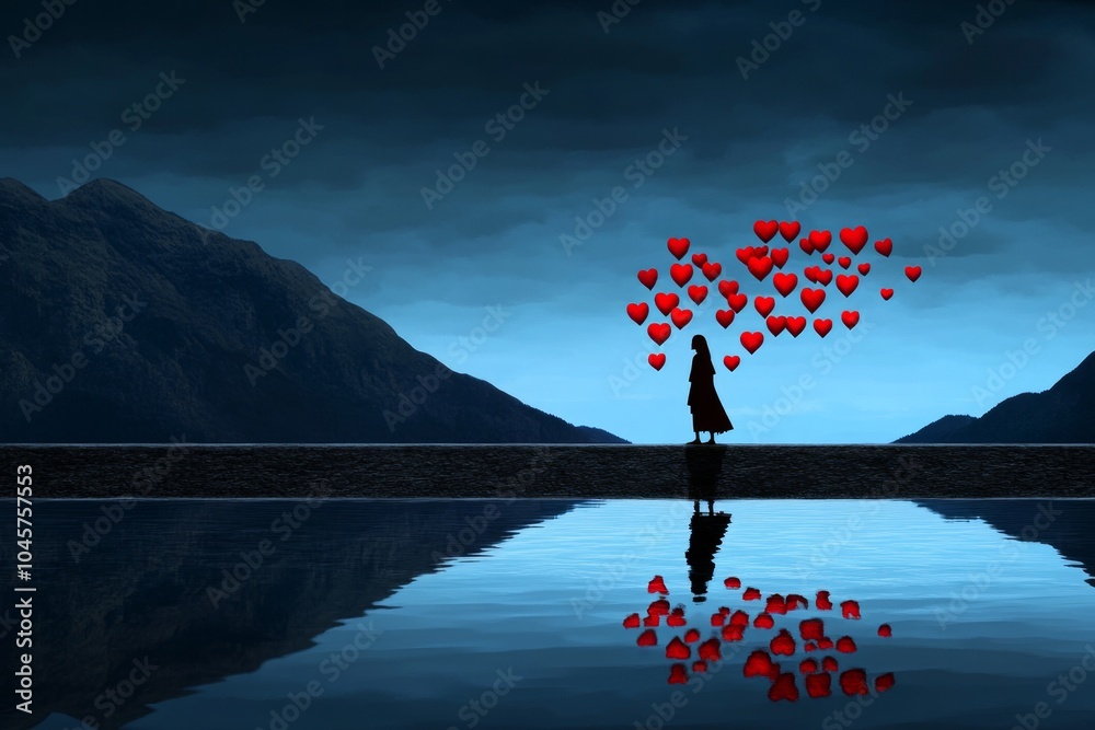 Poster pixel art of a character looking at their reflection in a pixelated world, with pixelated hearts flo