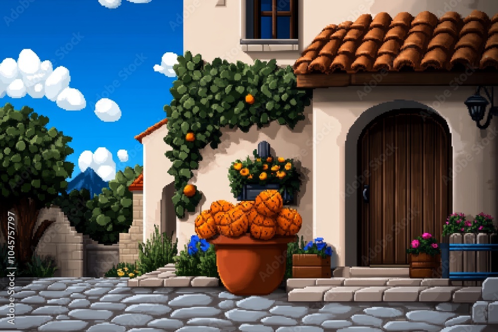 Aufkleber Pixel art of a character receiving a thank-you token in a retro game world, with pixelated details symbolizing the joy and recognition of hard work in a nostalgic style