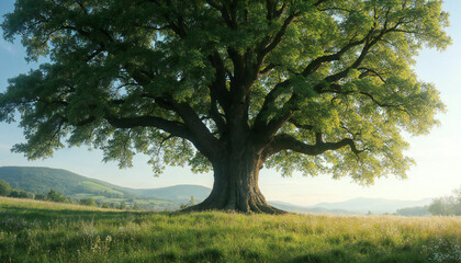 Big tree with dense branches and leaves and the clear sky in the