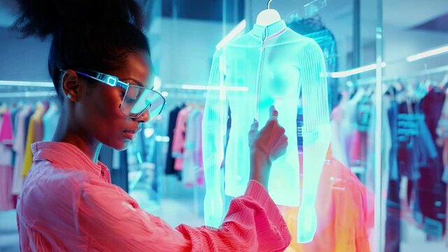Smart shopping. A black woman engages with a vibrant digital interface to explore clothing options and styles in a futuristic fashion retail environment