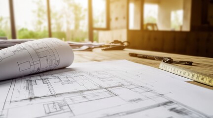 Close up of architectural blueprints on a wooden desk with measuring tools, showcasing construction planning and design in progress.
