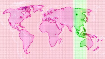 Stylized World Map with Pink Grid and Green Highlight