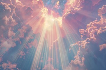 Beautiful sky at sunrise with clouds and sun. Heavenly light rays breaking through clouds. Divinity light. Easter morning. Biblical scene, heaven, sign from God.  Resurrection and ascension of Christ