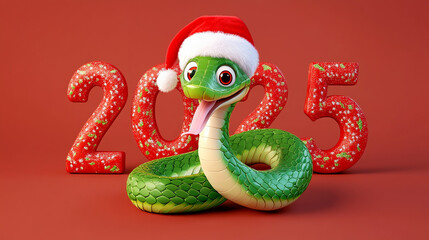 Fototapeta premium Symbol of the new year 2025, a snake in a Santa Claus hat. Red and green color. New Year banner.