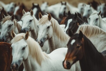 Obraz premium Horses of different breeds and colors gather in a sunlit pasture, exhibiting an array of striking coats. The scene captures their beauty and tranquility during late afternoon