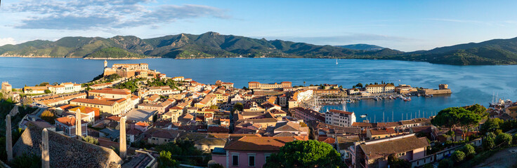 View of Portoferraio town on Elba Island at sunset