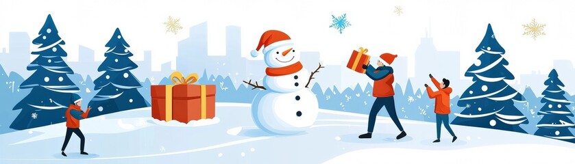 A cheerful winter scene featuring a snowman wearing a Santa hat, surrounded by people holding gifts
