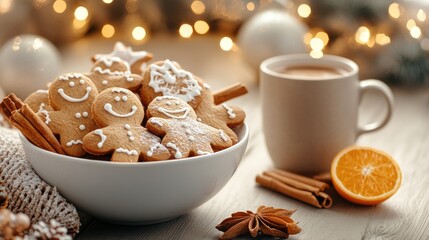A bowl brimming with gingerbread cookies shaped like cheerful men and women sits next to hot cocoa and cinnamon sticks, creating a warm, festive atmosphere