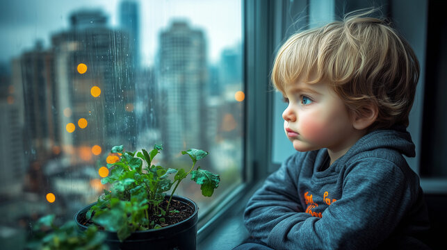 Blue-eyed little boy sitting in the window sill of a towering apartment building looking out on the bleak cityscape with a skeptical facial expression - Powered by Adobe