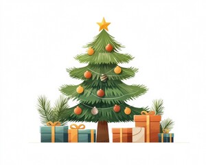 Fototapeta premium A festive Christmas tree adorned with colorful ornaments and surrounded by beautifully wrapped presents