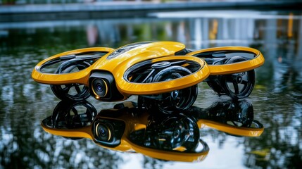 Yellow drone with black propellers reflecting in water.