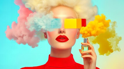 Young beautiful glamor model hold a perfume and surrounded by aroma clouds, Woman Fashion style portrait