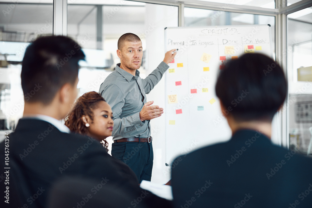 Poster man, presentation and sticky notes on whiteboard for planning, timeline and brainstorming strategy i