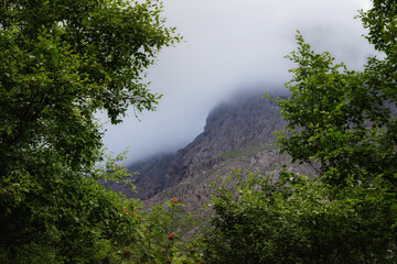 Beautiful mountain view with forests and rocks. North Ossetia