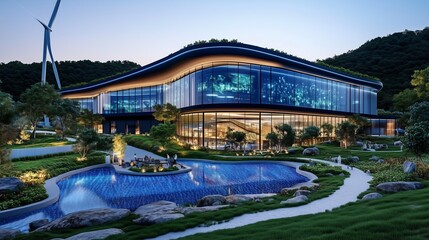 Fototapeta premium Modern building with large windows overlooking a landscaped courtyard with a pool.