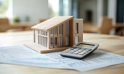 Model of a house on a table, accompanied by a calculator, in a financial environment suggesting planning and cost analysis