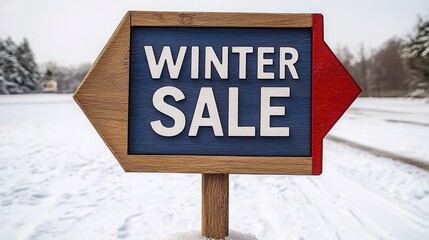 A wooden sign indicating a winter sale, set against a snowy landscape, perfect for seasonal promotions and marketing.