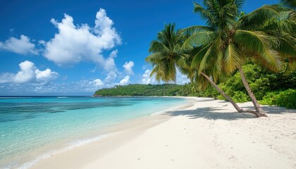 Obraz premium Tropical beach with serene waves, palm trees, and clear turquoise water in summer
