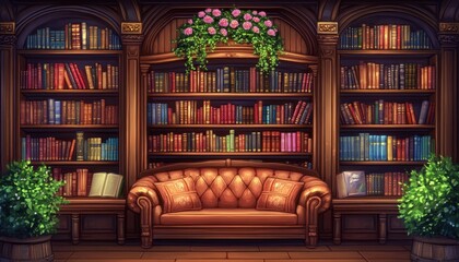 Cozy library with a large bookcase and comfortable seating surrounded by greenery