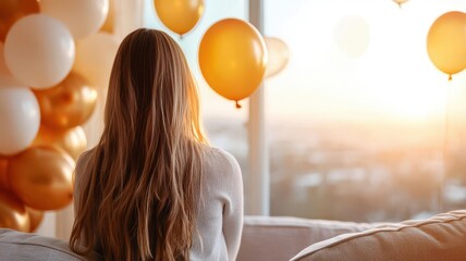 Single woman in a luxury hotel suite, birthday balloons around her, sophisticated decor