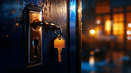 A close-up of a key in a door lock with a blurred background of a lit room at night.