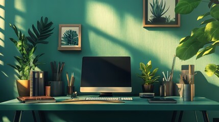 Creative workspace setup with various design tools and plants on a teal desk, organized and inspiring. productivity tools. Ultra realistic. Photorealistic