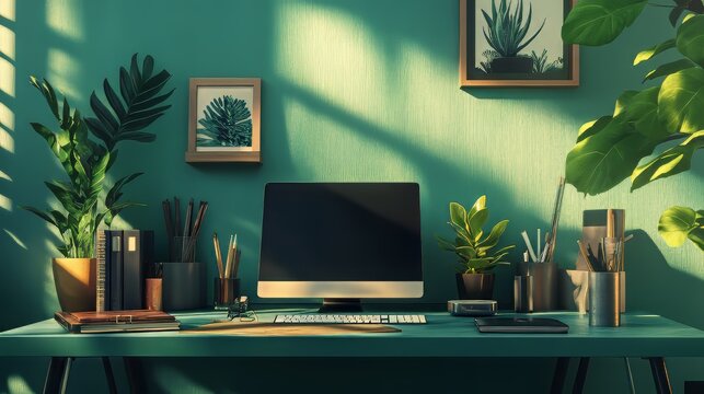 Creative workspace setup with various design tools and plants on a teal desk, organized and inspiring. productivity tools. Ultra realistic. Photorealistic