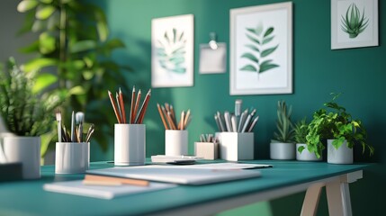 Creative workspace setup with various design tools and plants on a teal desk, organized and inspiring. productivity tools. Ultra realistic. Photorealistic