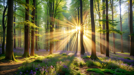 Fototapeta premium Beautiful atmospheric image of a spring or summer forest with sunbeams filtering through the trees, capturing the magic and mystery of wild nature in the morning light.