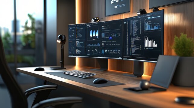 Cutting edge remote work setup with advanced communication and networking tools for efficient digital. productivity tools. Ultra realistic. Photorealistic