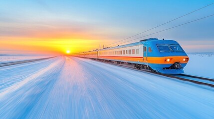 A train speeds through a snowy landscape under a colorful sunrise.