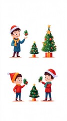 Fototapeta premium Two boys in winter attire enjoying the holiday spirit while decorating small Christmas trees with festive ornaments