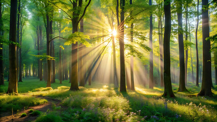 Beautiful atmospheric image of a spring or summer forest with sunbeams filtering through the trees, capturing the magic and mystery of wild nature in the morning light.