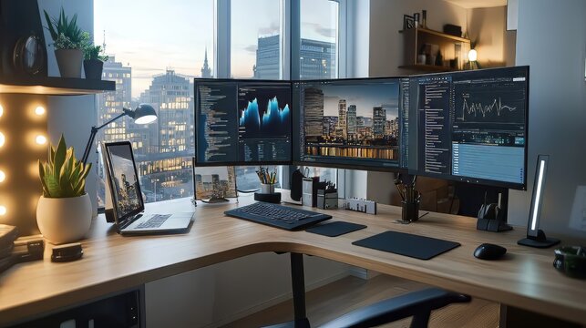 Cutting edge remote work setup with advanced communication and networking tools for efficient digital. productivity tools. Ultra realistic. Photorealistic